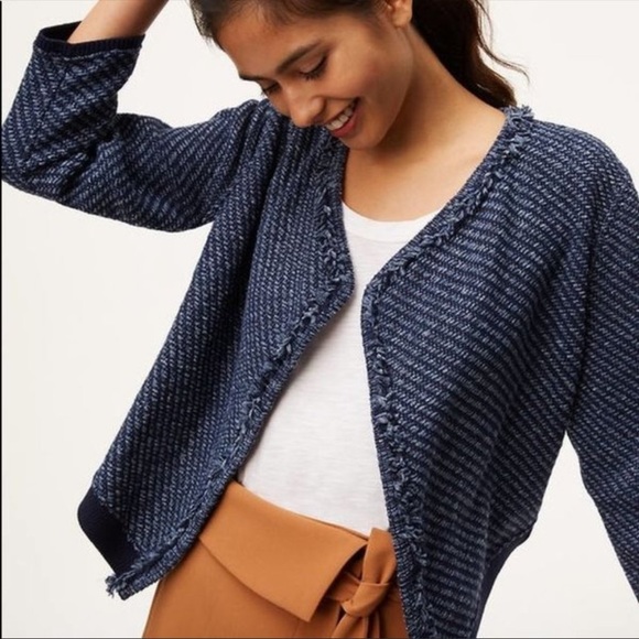 LOFT 3/4 Sleeves Fringe Knit Navy Open Jacket M - Picture 1 of 13